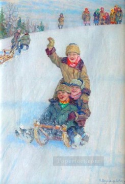 Skating from Mountain Nikolay Bogdanov Belsky kids child impressionism Oil Paintings